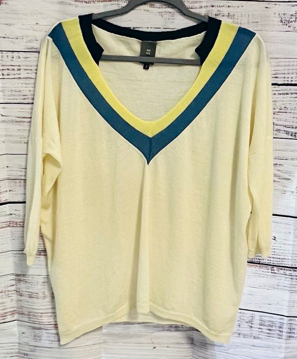 Anne Willi Paris Virgin Wool Knit V-Neck Colorblock Contrast Trim Sweater Sz 2